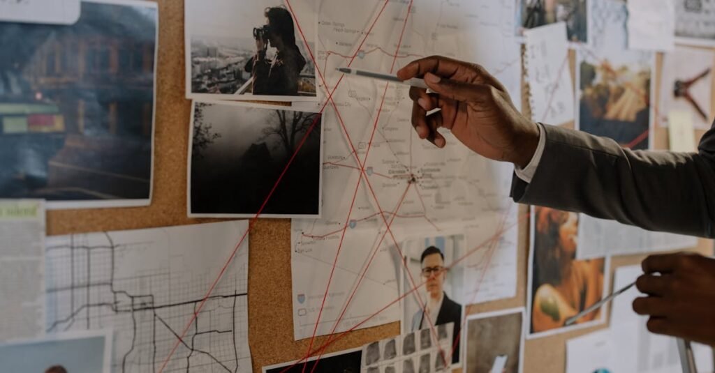 Detective examines a corkboard with maps and photos to solve a mystery.